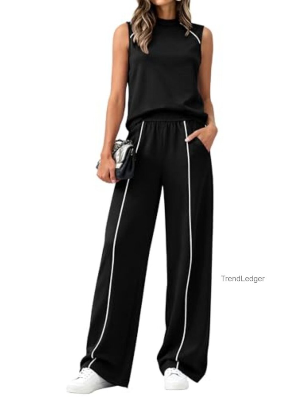 Two Piece Lounge Sets for Women Mock Neck Sleeveless Wide Leg Pants Lightweight